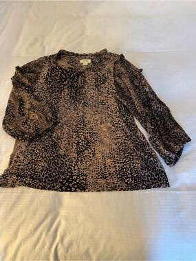 Anthropologie Brown and Black Animal-Print Tie-Neck Blouse